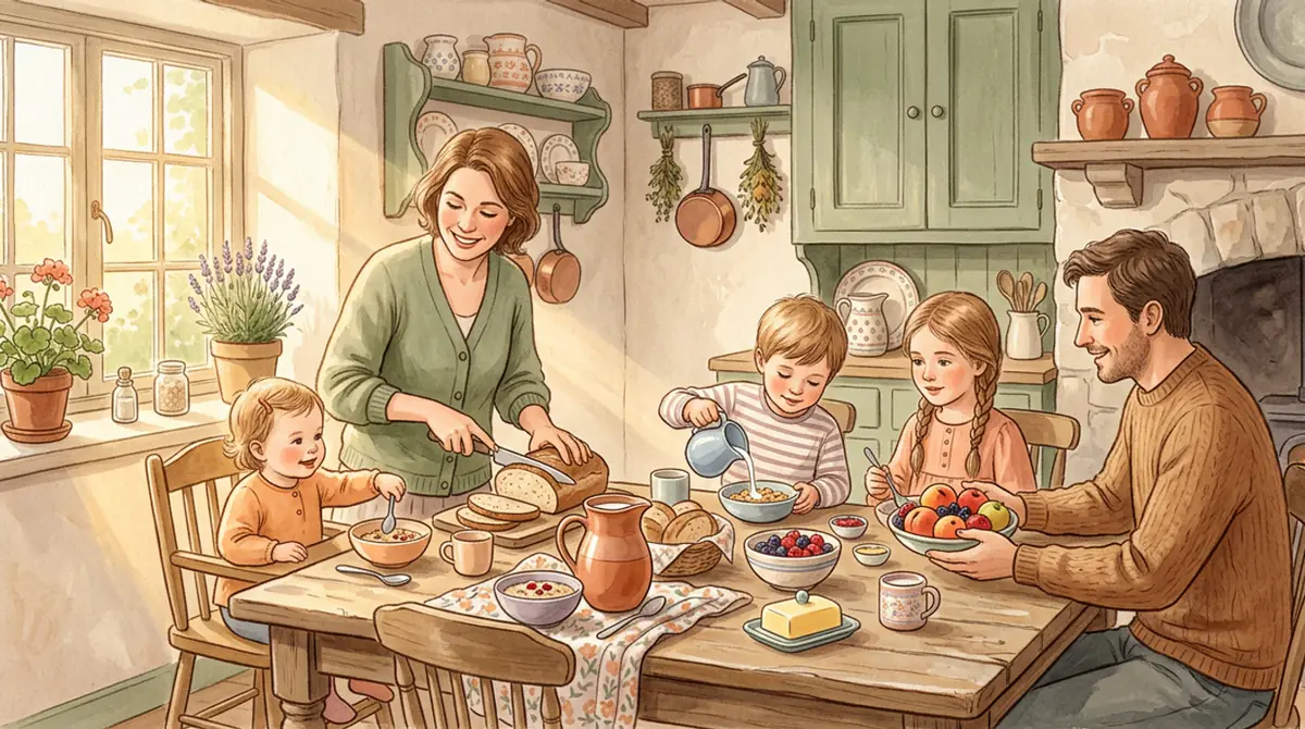 Une mère et ses trois enfants de différents âges prenant le petit-déjeuner dans une cuisine lumineuse
