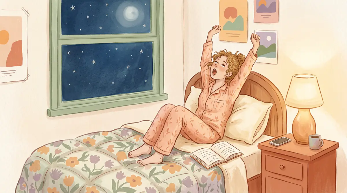 Un adolescent endormi sur son lit, en pull, la tête sur l’oreiller