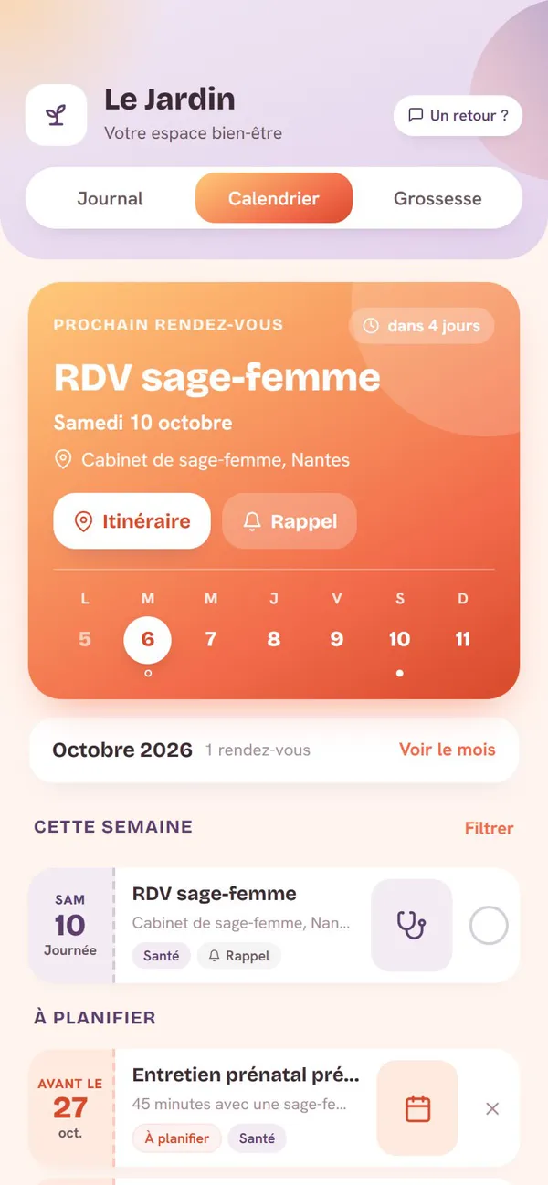 Écran Calendrier dans l'application Mira : prochain rendez-vous chez la sage-femme