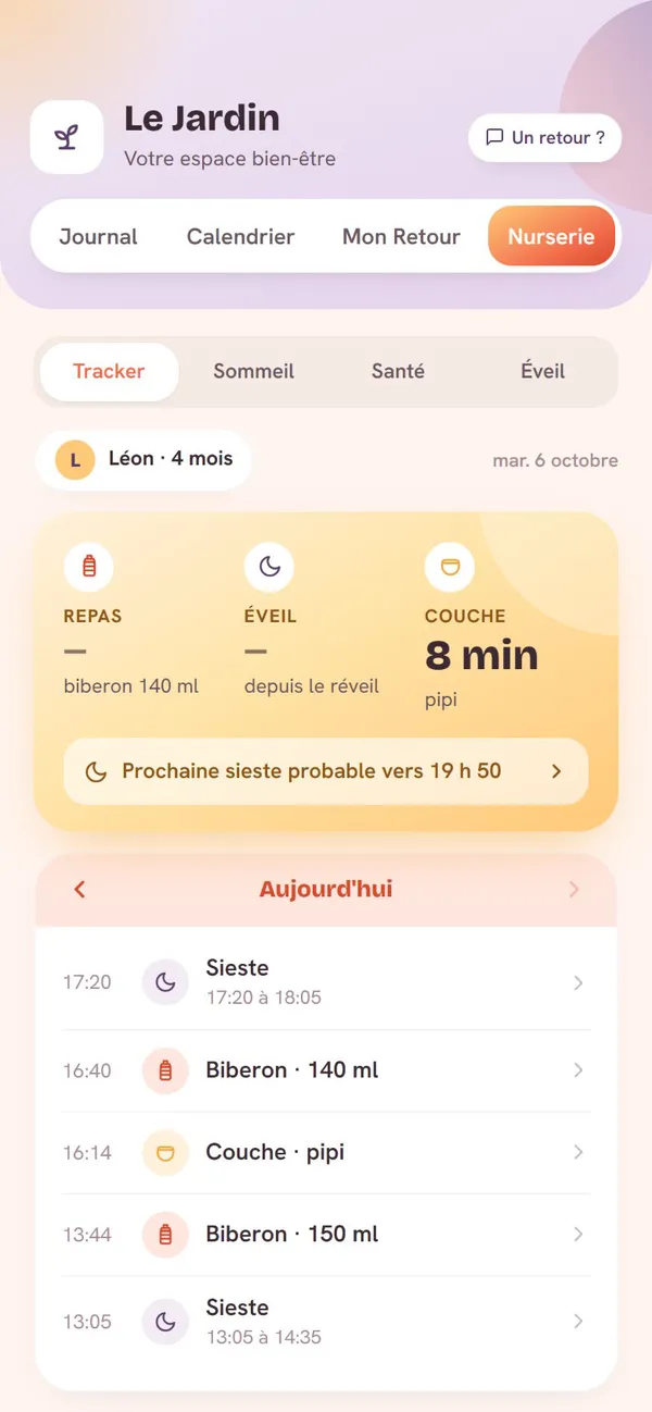 Écran Nurserie dans l'application Mira : repas, éveil et couches de Léon, 4 mois
