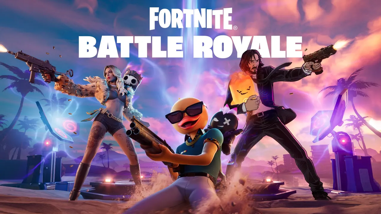 Visuel officiel de Fortnite Battle Royale : quatre personnages du jeu, armes à la main, sur une plage aux couleurs violettes