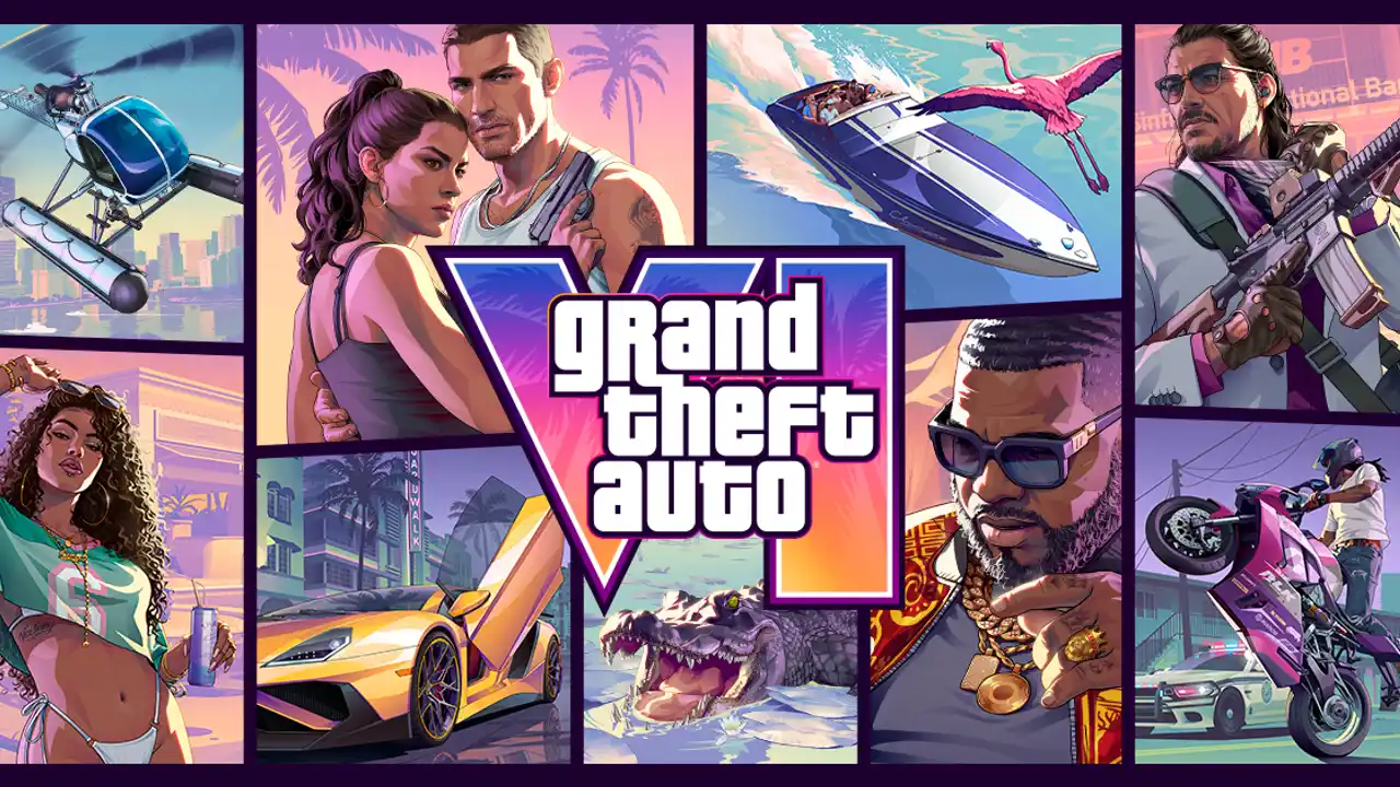 Visuel officiel de Grand Theft Auto VI : le logo du jeu entouré de scènes de Vice City, personnages armés, voiture de sport, hors-bord et alligator