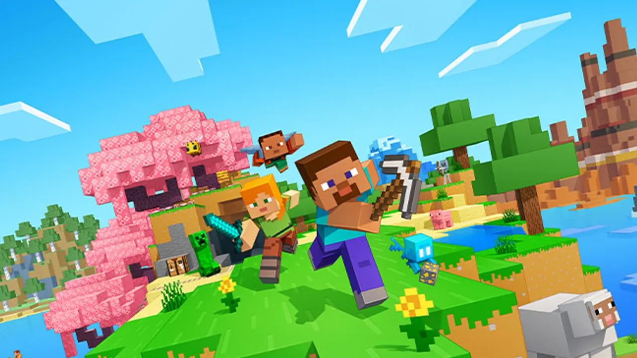 Visuel officiel de Minecraft : Steve et Alex courent sur une île de blocs, entourés d'animaux du jeu