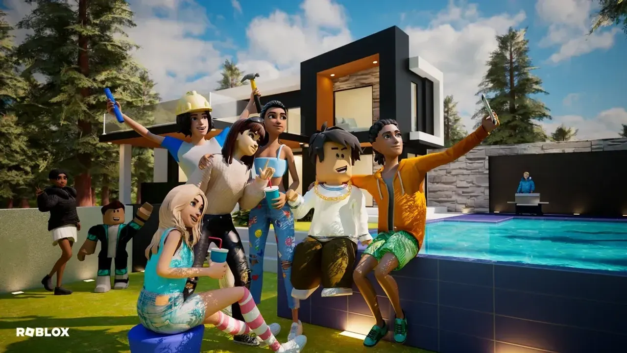 Visuel officiel de Roblox : un groupe d'avatars pose pour une photo au bord d'une piscine