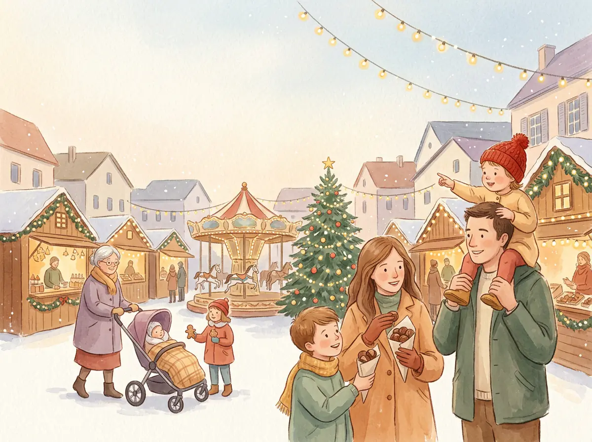 Illustration à l'aquarelle d'un marché de Noël en famille : chalets illuminés, carrousel, sapin décoré, une enfant sur les épaules de son père et des marrons chauds partagés