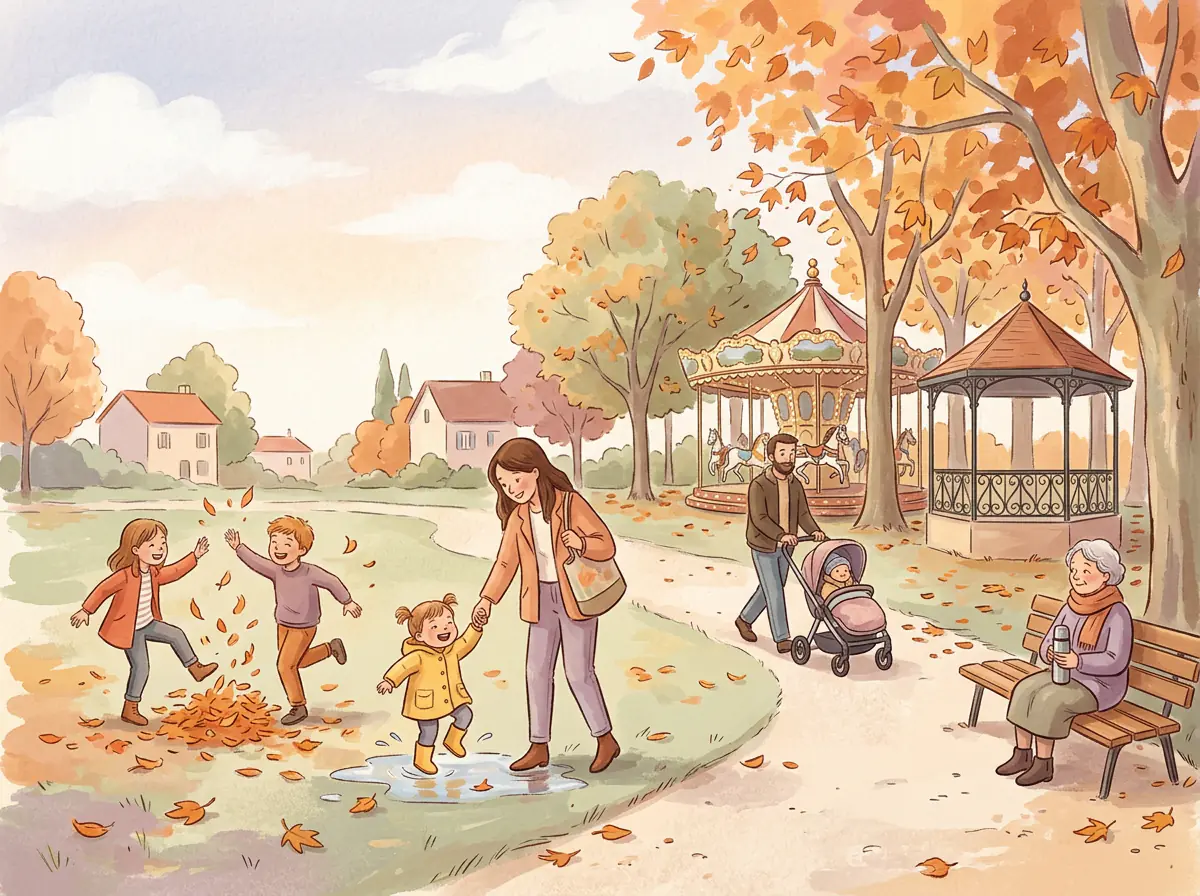 Illustration à l'aquarelle d'une famille en balade dans un parc en automne : une enfant en ciré jaune saute dans une flaque, deux enfants jouent dans les feuilles mortes, un carrousel et un kiosque au fond