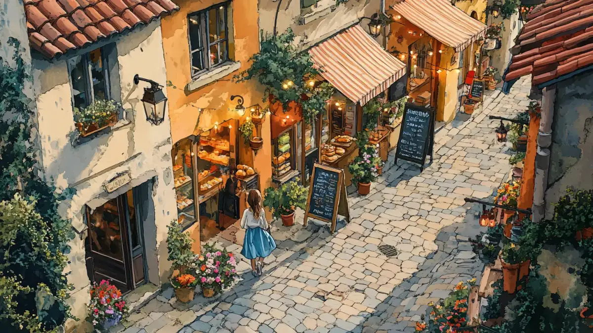 Illustration à l'aquarelle d'une rue pavée de centre-ville, ses commerces fleuris et une petite fille en robe bleue qui s'y promène