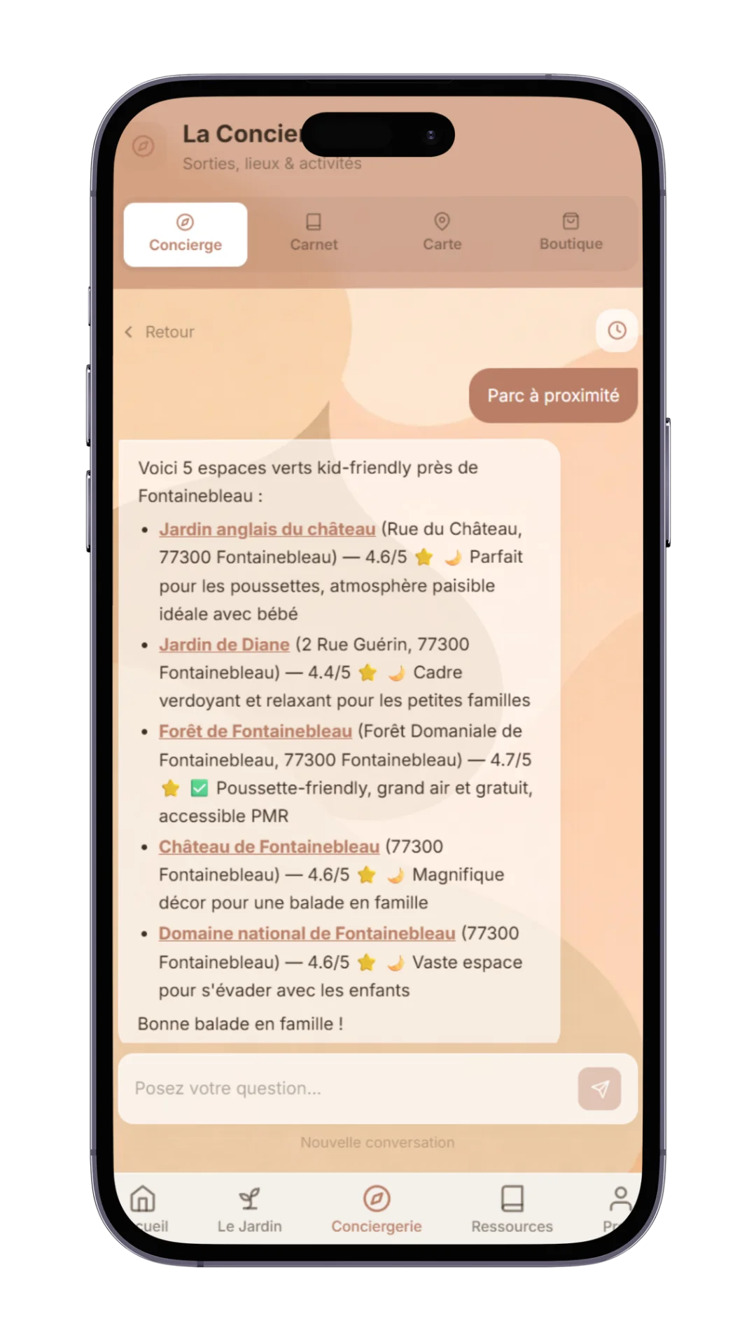 Écran chat concierge Mira
