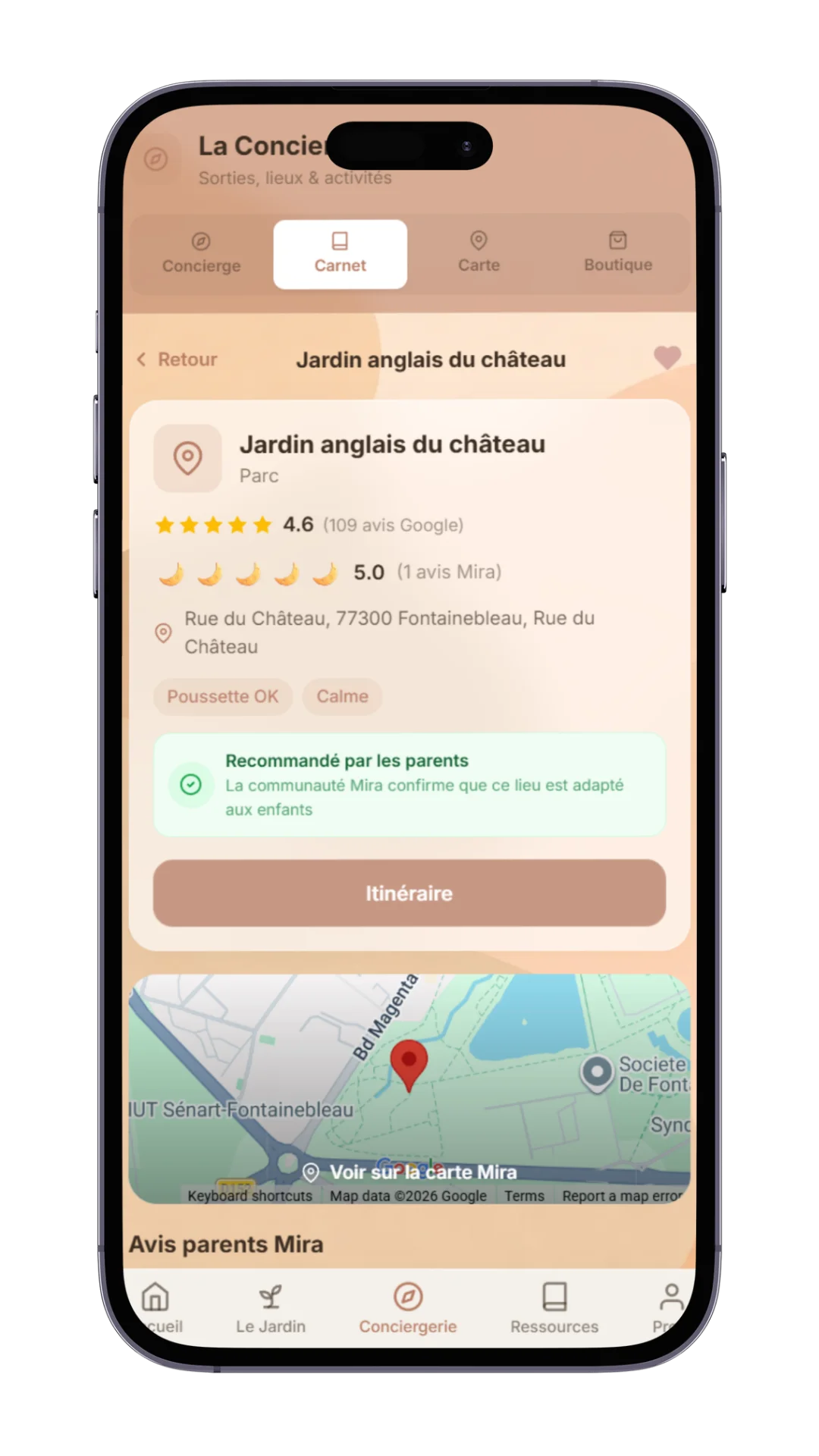 Écran fiche lieu Mira