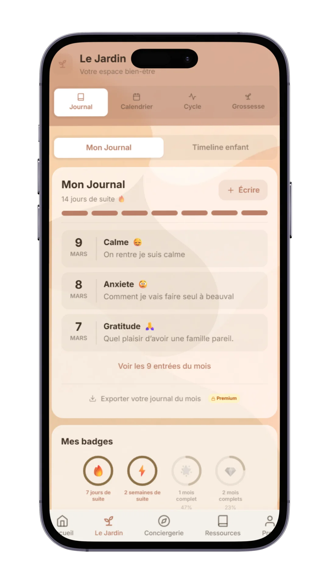 Écran journal famille dans Mira