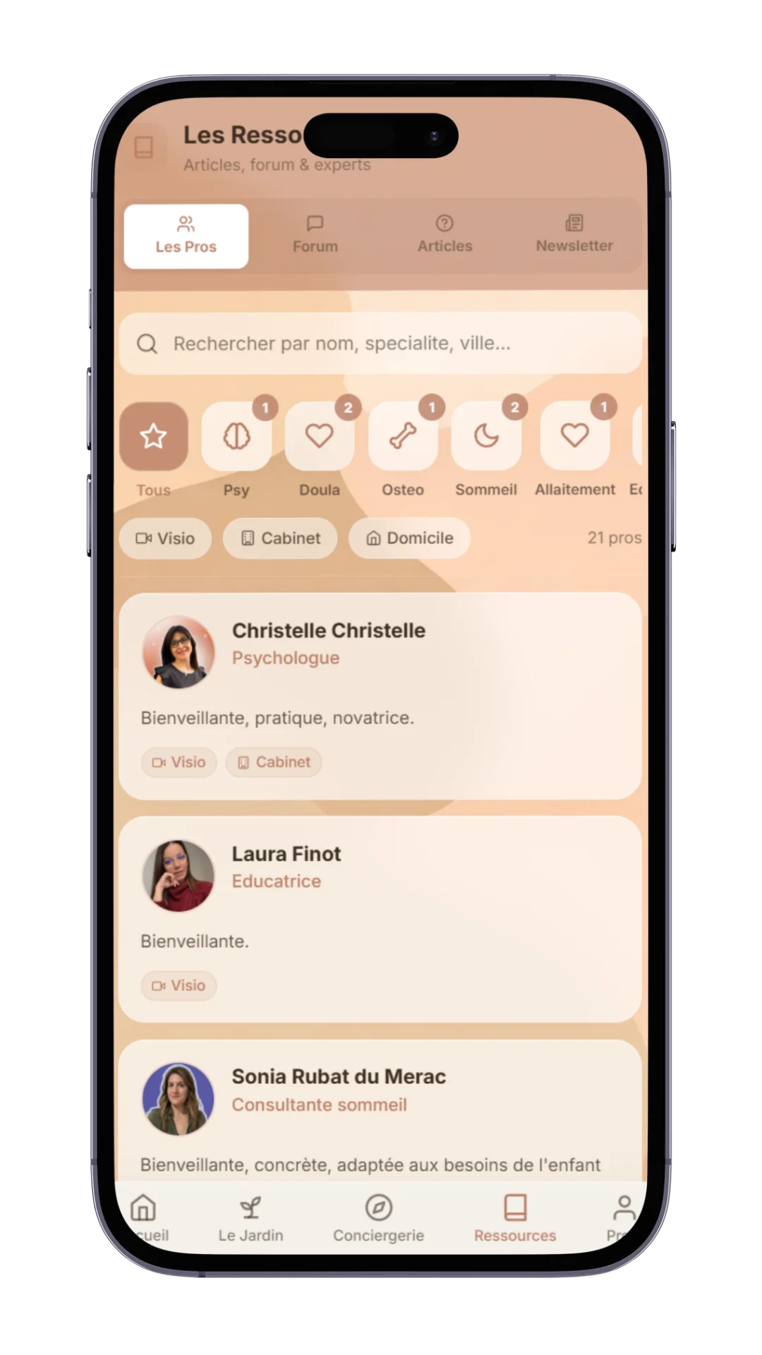 Écran annuaire des professionnels dans Mira