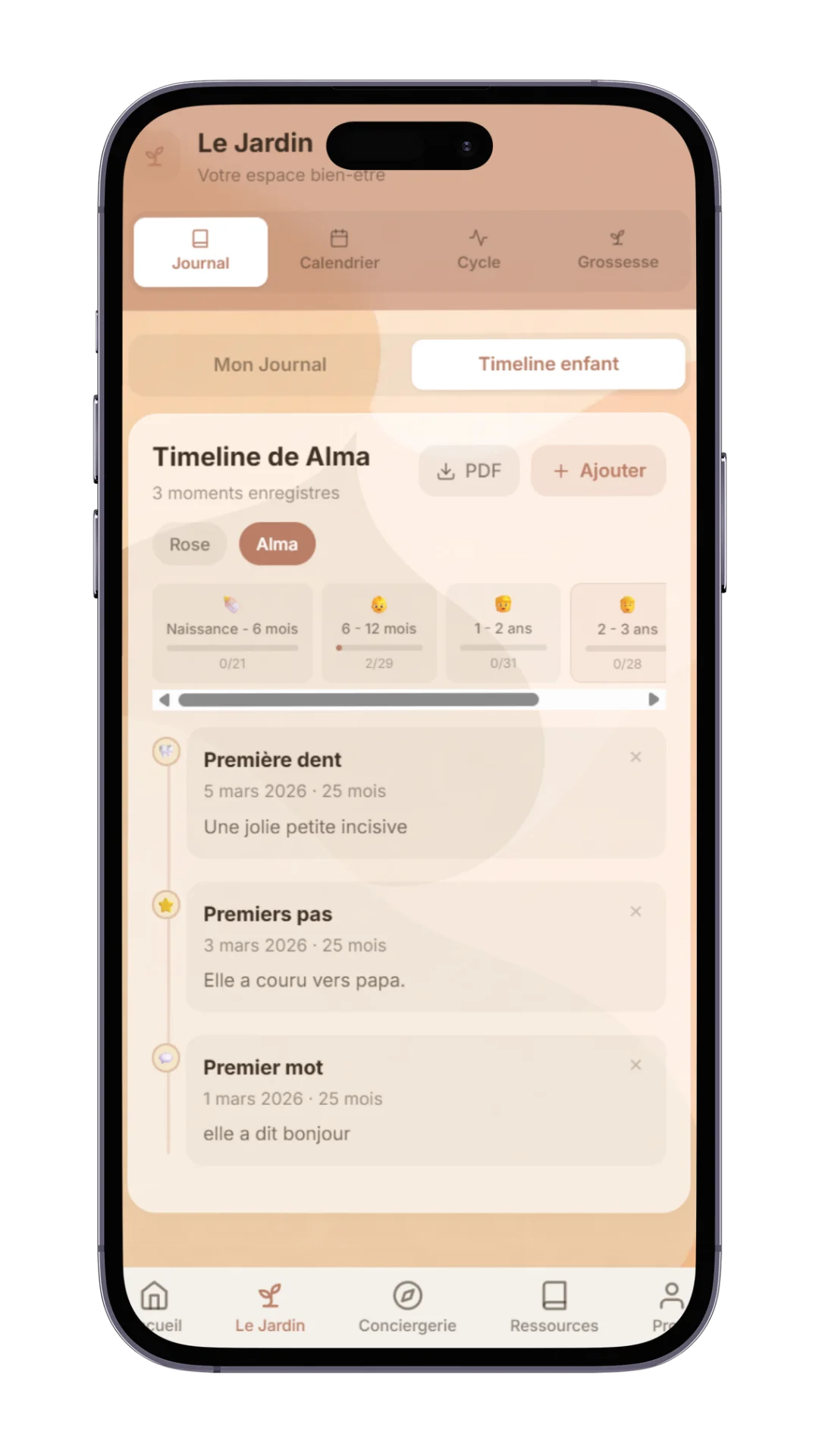 Écran timeline enfant dans Mira