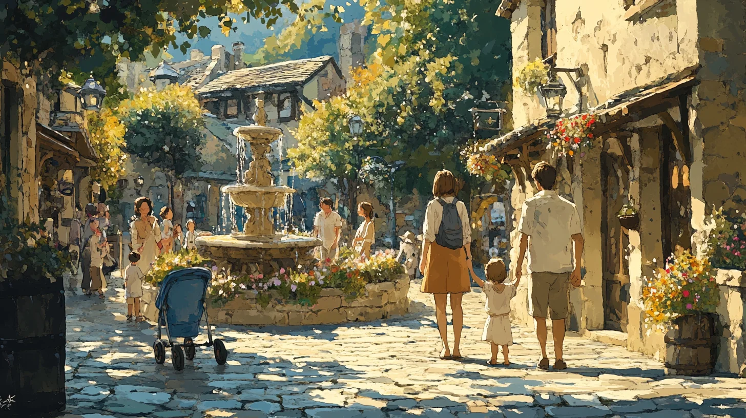 Illustration d'un village chaleureux avec des familles
