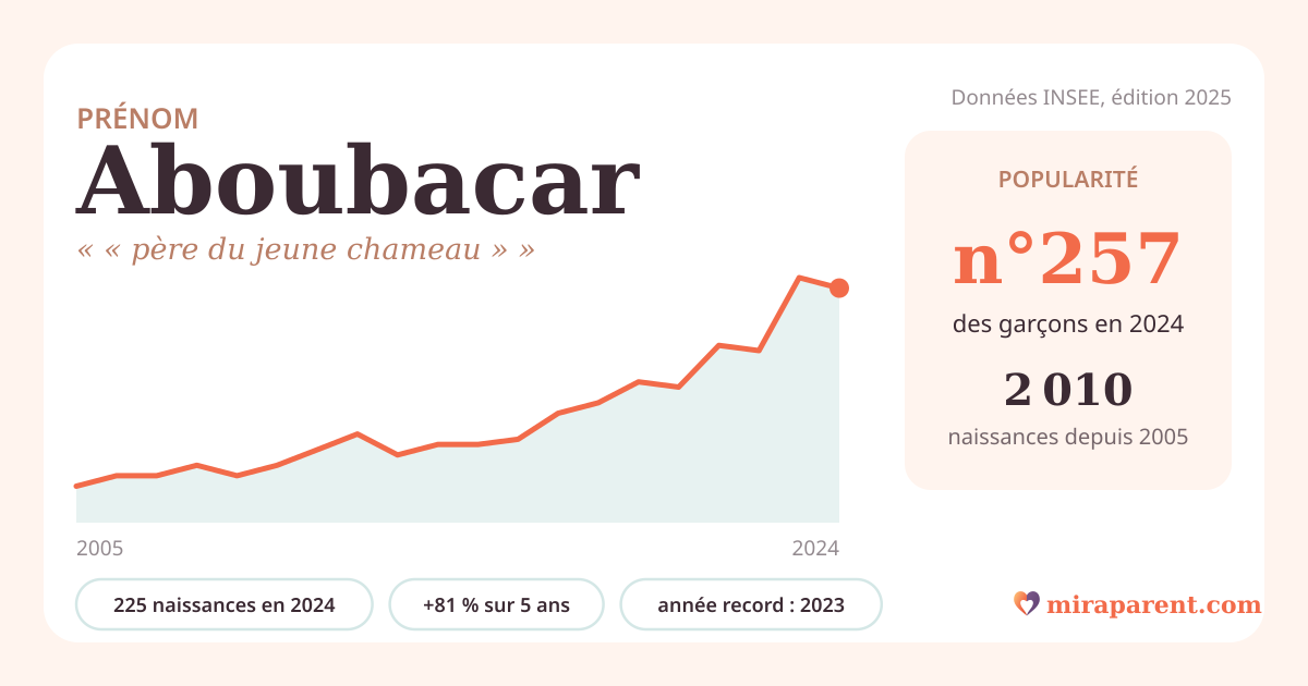 Courbe du prénom Aboubacar : naissances par an de 2005 à 2024 selon l'INSEE, signification « « père du jeune chameau » », 225 naissances en 2024, rang 252