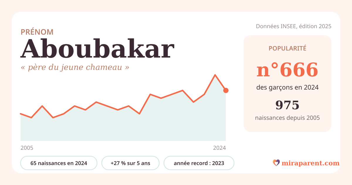 Courbe du prénom Aboubakar : naissances par an de 2005 à 2024 selon l'INSEE, signification « père du jeune chameau », 65 naissances en 2024, rang 646
