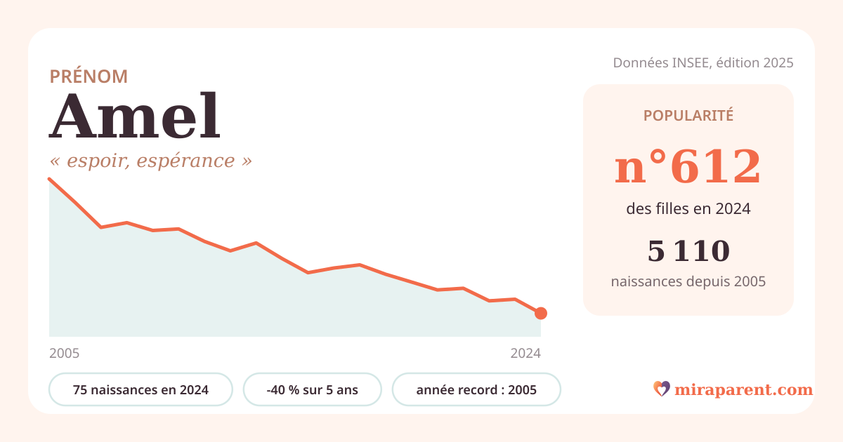 Courbe du prénom Amel : naissances par an de 2005 à 2024 selon l'INSEE, signification « espoir, espérance », 75 naissances en 2024, rang 611