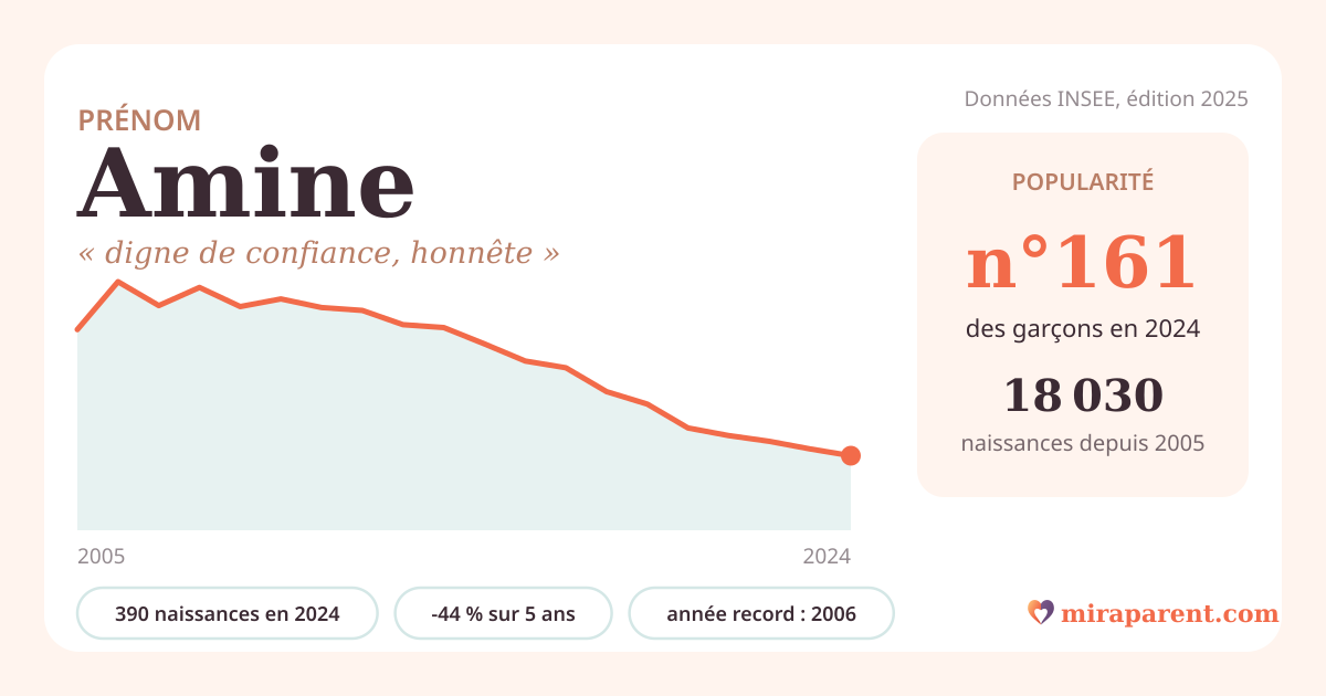 Courbe du prénom Amine : naissances par an de 2005 à 2024 selon l'INSEE, signification « digne de confiance, honnête », 390 naissances en 2024, rang 161
