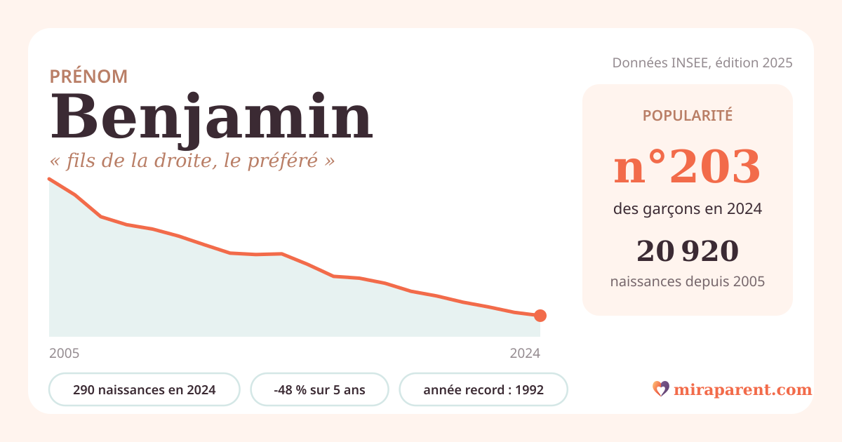 Courbe du prénom Benjamin : naissances par an de 2005 à 2024 selon l'INSEE, signification « fils de la droite, le préféré », 290 naissances en 2024, rang 203