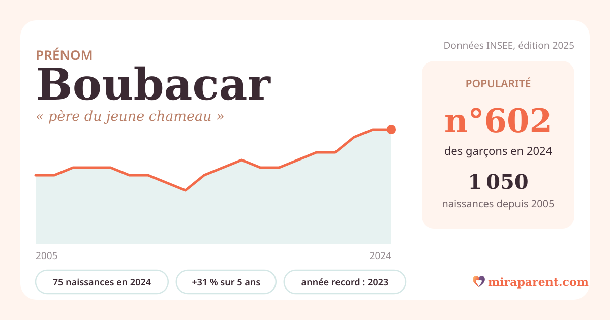 Courbe du prénom Boubacar : naissances par an de 2005 à 2024 selon l'INSEE, signification « père du jeune chameau », 75 naissances en 2024, rang 581