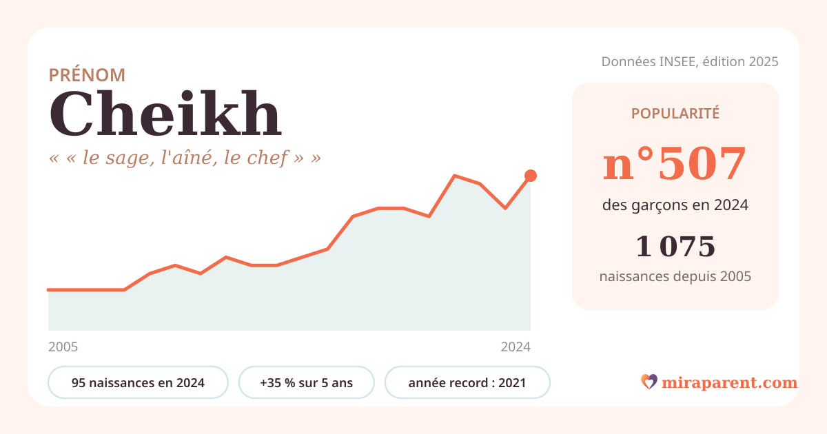 Courbe du prénom Cheikh : naissances par an de 2005 à 2024 selon l'INSEE, signification « « le sage, l'aîné, le chef » », 95 naissances en 2024, rang 496