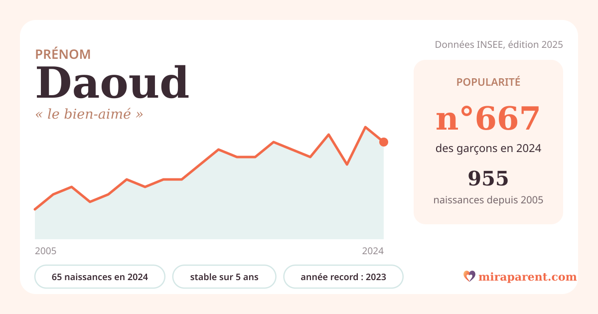 Courbe du prénom Daoud : naissances par an de 2005 à 2024 selon l'INSEE, signification « le bien-aimé », 65 naissances en 2024, rang 646