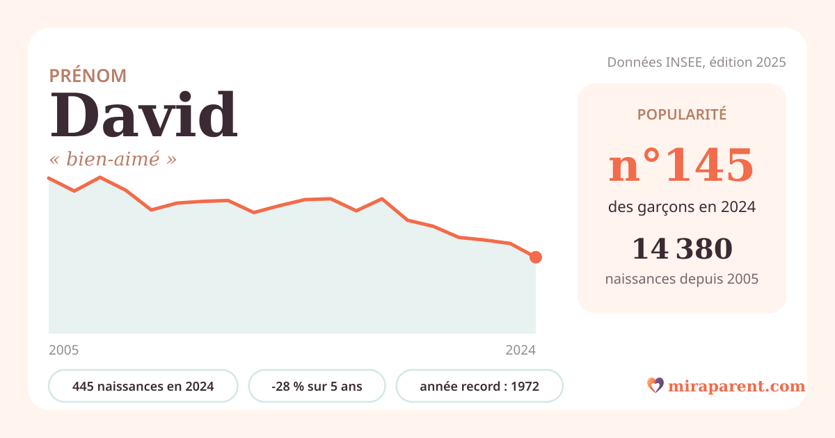 Courbe du prénom David : naissances par an de 2005 à 2024 selon l'INSEE, signification « bien-aimé », 445 naissances en 2024, rang 145