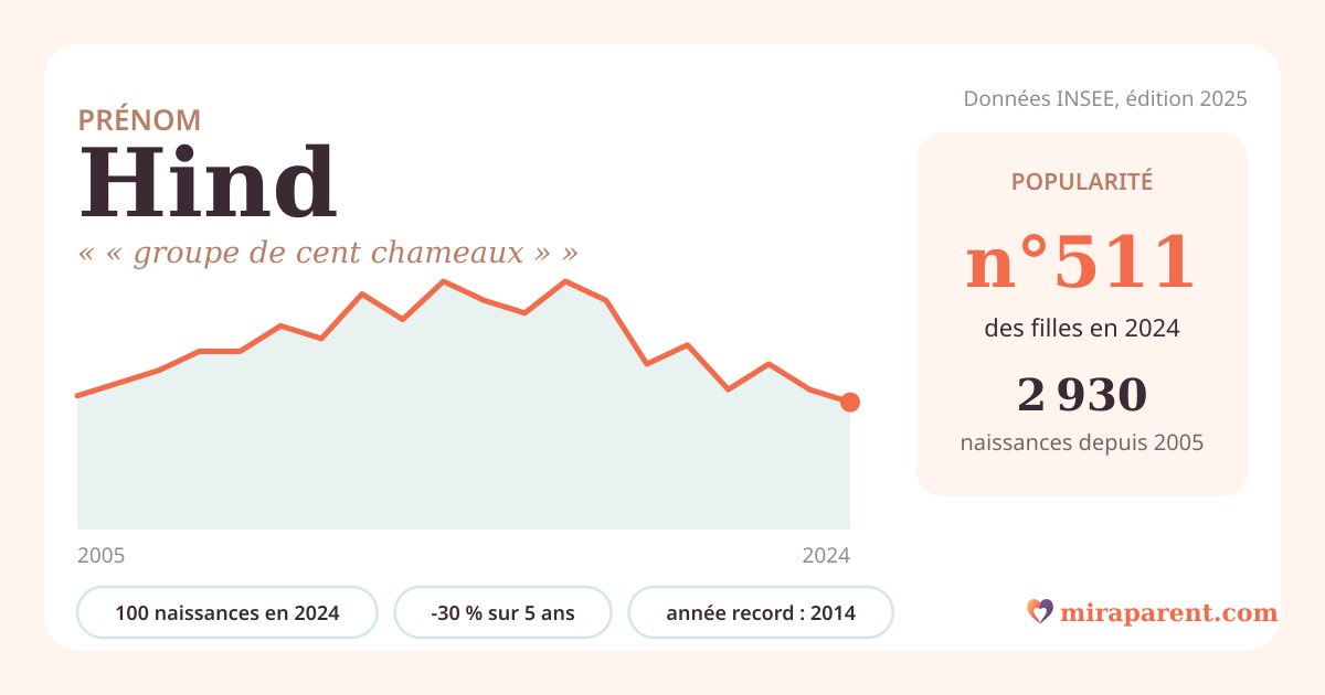 Courbe du prénom Hind : naissances par an de 2005 à 2024 selon l'INSEE, signification « « groupe de cent chameaux » », 100 naissances en 2024, rang 507