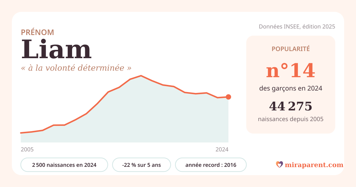 Courbe du prénom Liam : naissances par an de 2005 à 2024 selon l'INSEE, signification « à la volonté déterminée », 2 500 naissances en 2024, rang 14