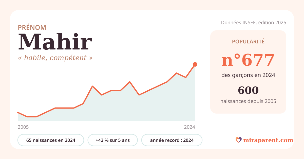 Courbe du prénom Mahir : naissances par an de 2005 à 2024 selon l'INSEE, signification « habile, compétent », 65 naissances en 2024, rang 646