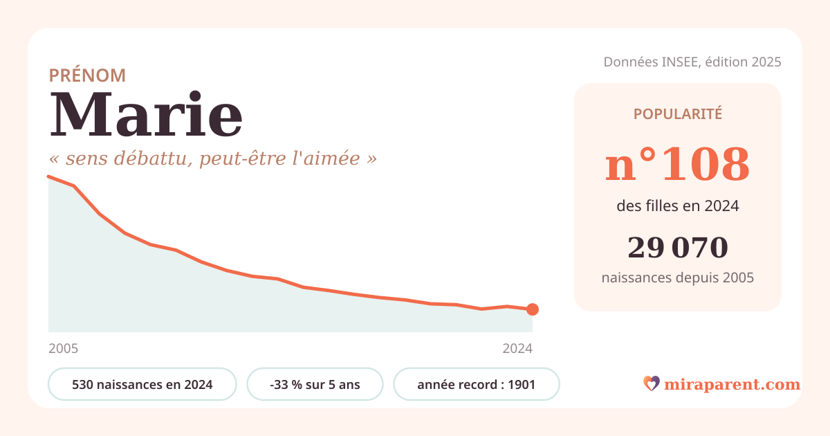 Courbe du prénom Marie : naissances par an de 2005 à 2024 selon l'INSEE, signification « sens débattu, peut-être l'aimée », 530 naissances en 2024, rang 108
