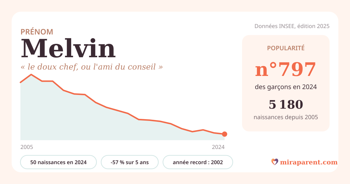 Courbe du prénom Melvin : naissances par an de 2005 à 2024 selon l'INSEE, signification « le doux chef, ou l'ami du conseil », 50 naissances en 2024, rang 797