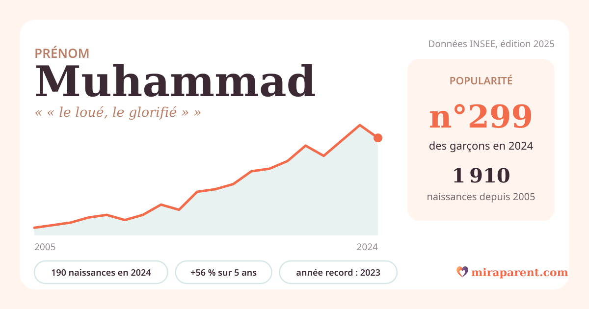 Courbe du prénom Muhammad : naissances par an de 2005 à 2024 selon l'INSEE, signification « « le loué, le glorifié » », 190 naissances en 2024, rang 296