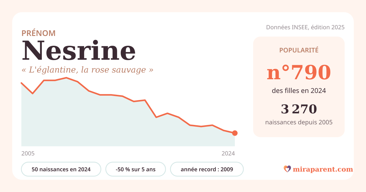 Courbe du prénom Nesrine : naissances par an de 2005 à 2024 selon l'INSEE, signification « L'églantine, la rose sauvage », 50 naissances en 2024, rang 785