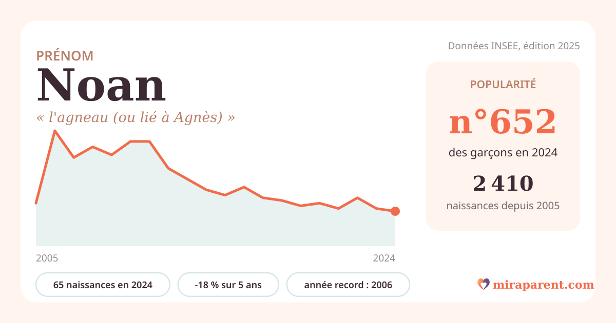 Courbe du prénom Noan : naissances par an de 2005 à 2024 selon l'INSEE, signification « l'agneau (ou lié à Agnès) », 65 naissances en 2024, rang 646