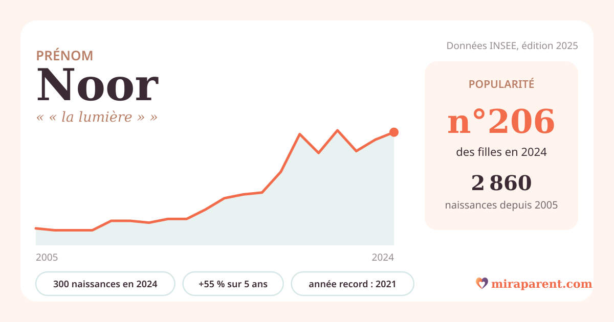 Courbe du prénom Noor : naissances par an de 2005 à 2024 selon l'INSEE, signification « « la lumière » », 300 naissances en 2024, rang 205