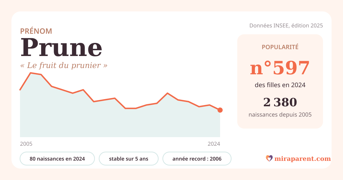 Courbe du prénom Prune : naissances par an de 2005 à 2024 selon l'INSEE, signification « Le fruit du prunier », 80 naissances en 2024, rang 593