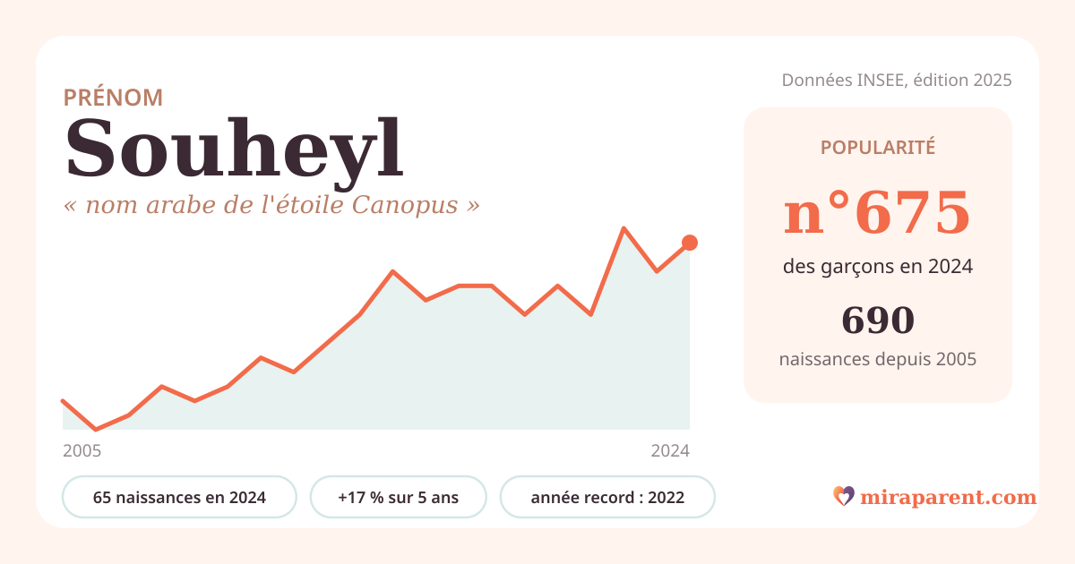 Courbe du prénom Souheyl : naissances par an de 2005 à 2024 selon l'INSEE, signification « nom arabe de l'étoile Canopus », 65 naissances en 2024, rang 646