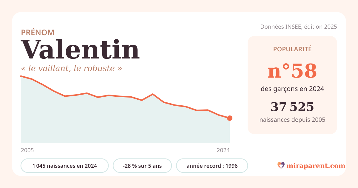 Courbe du prénom Valentin : naissances par an de 2005 à 2024 selon l'INSEE, signification « le vaillant, le robuste », 1 045 naissances en 2024, rang 58