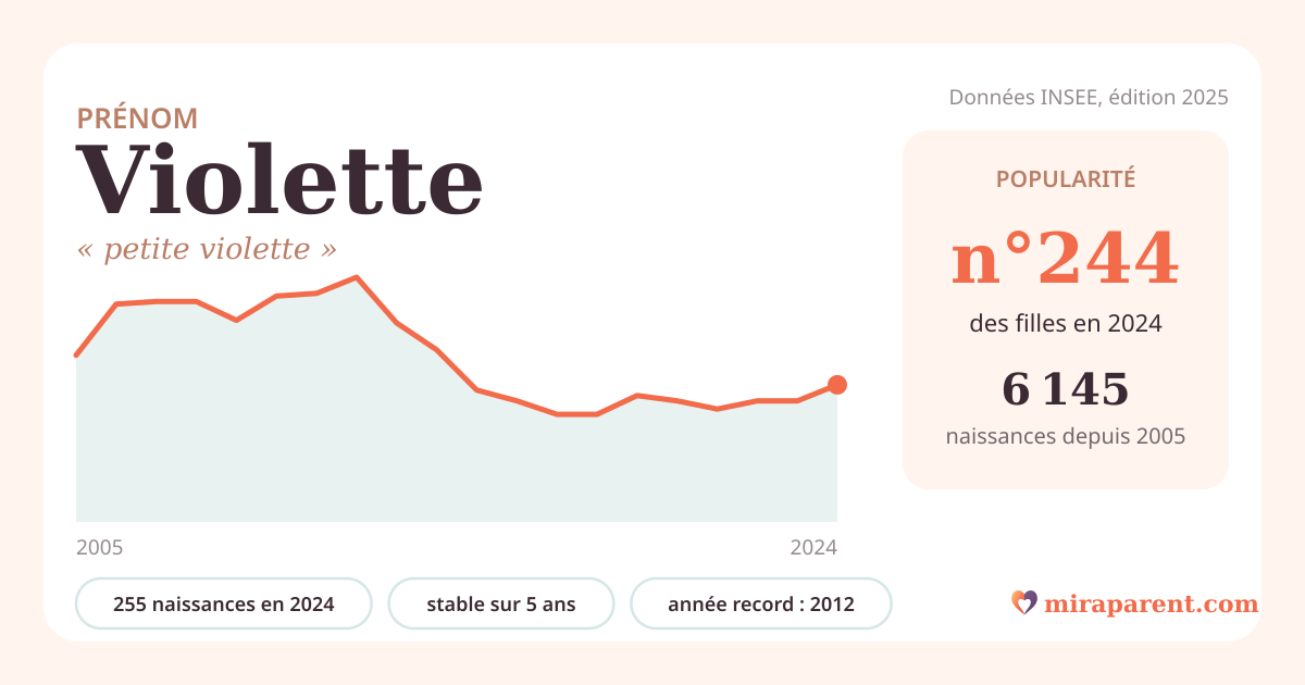 Courbe du prénom Violette : naissances par an de 2005 à 2024 selon l'INSEE, signification « petite violette », 255 naissances en 2024, rang 243