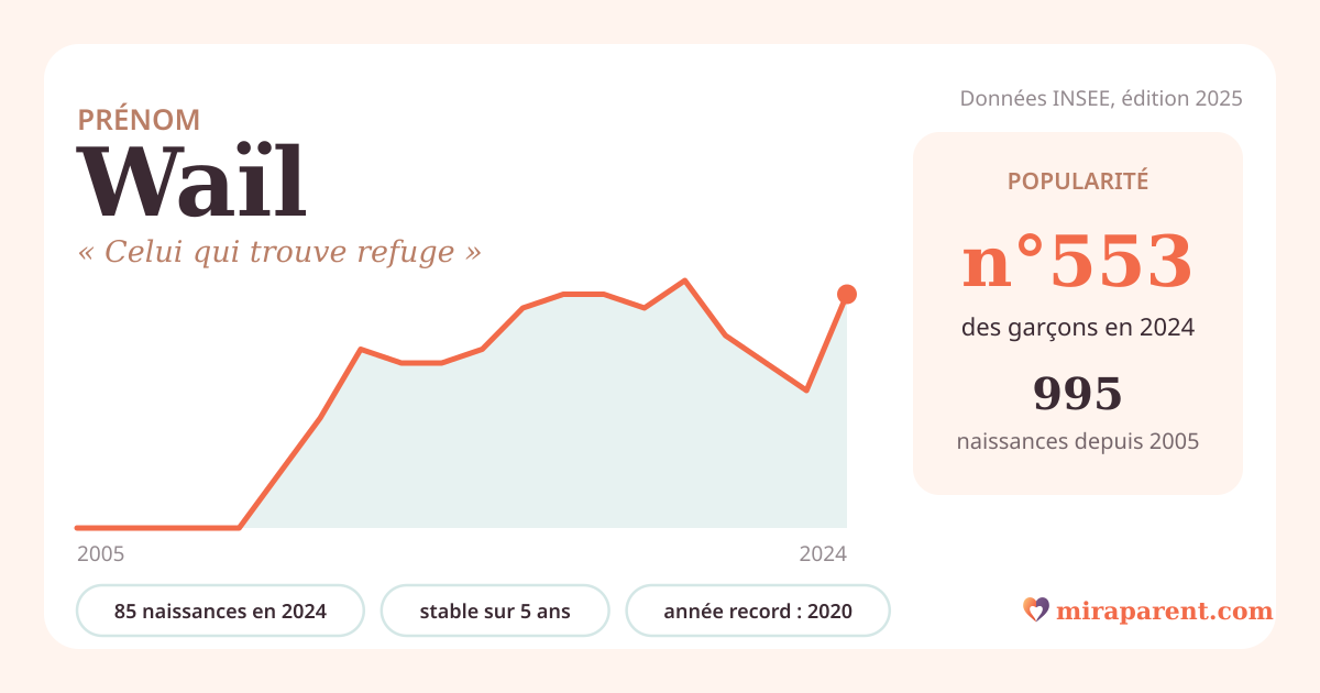 Courbe du prénom Waïl : naissances par an de 2005 à 2024 selon l'INSEE, signification « Celui qui trouve refuge », 85 naissances en 2024, rang 537