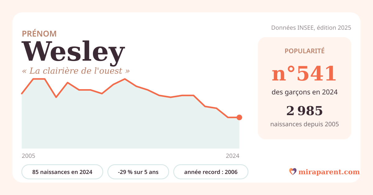 Courbe du prénom Wesley : naissances par an de 2005 à 2024 selon l'INSEE, signification « La clairière de l'ouest », 85 naissances en 2024, rang 537