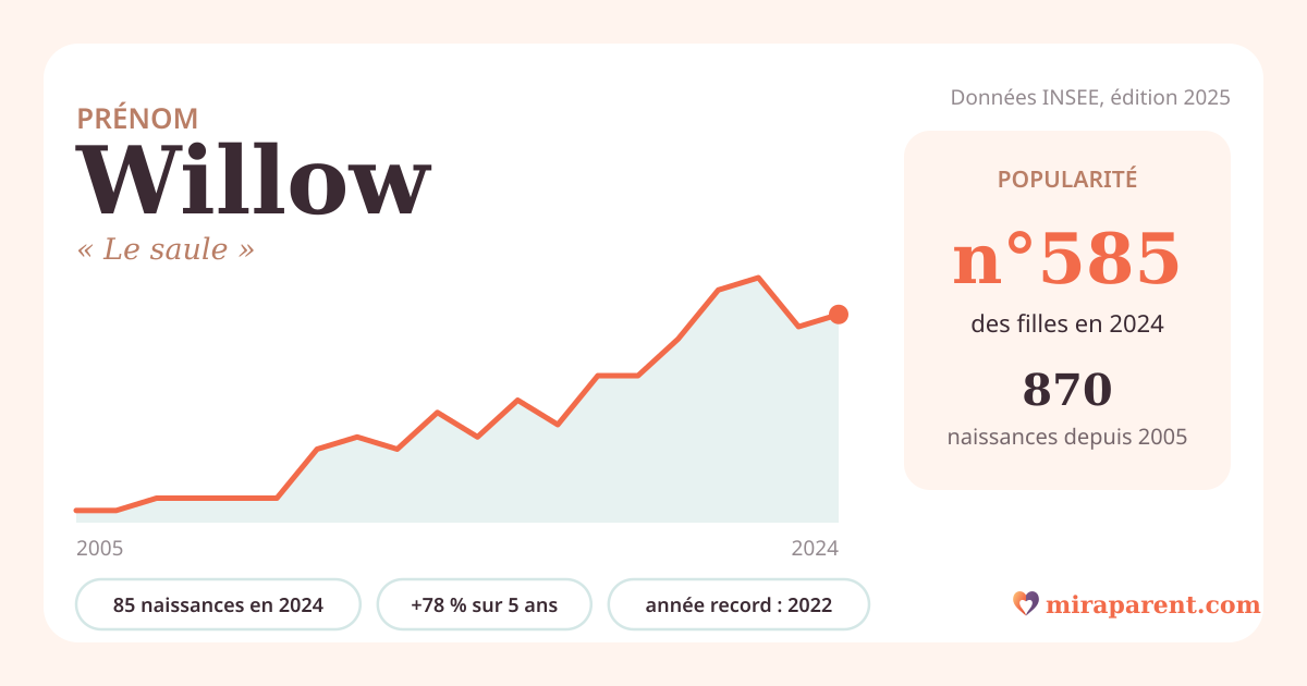 Courbe du prénom Willow : naissances par an de 2005 à 2024 selon l'INSEE, signification « Le saule », 85 naissances en 2024, rang 567