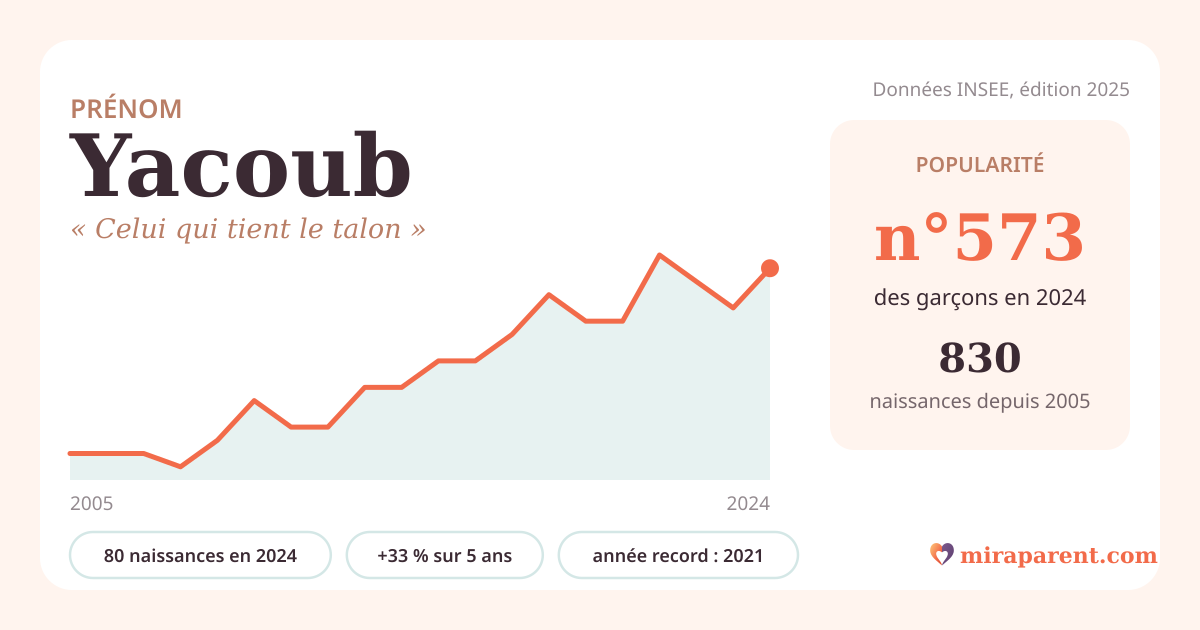 Courbe du prénom Yacoub : naissances par an de 2005 à 2024 selon l'INSEE, signification « Celui qui tient le talon », 80 naissances en 2024, rang 560