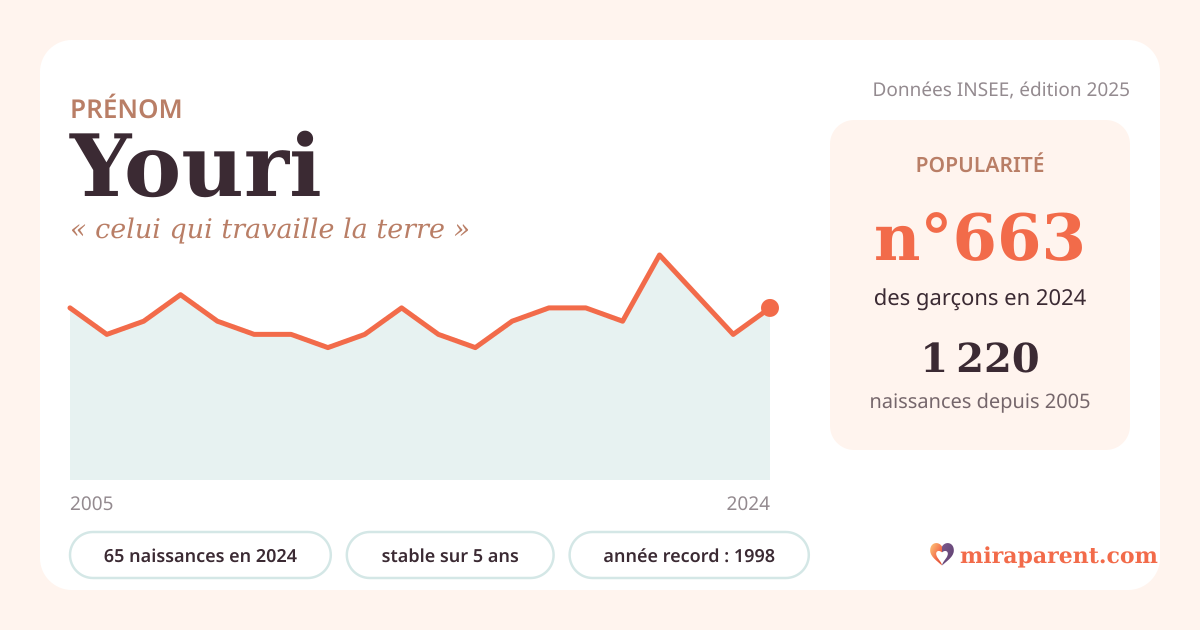 Courbe du prénom Youri : naissances par an de 2005 à 2024 selon l'INSEE, signification « celui qui travaille la terre », 65 naissances en 2024, rang 646