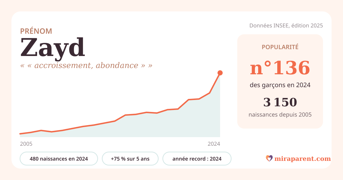 Courbe du prénom Zayd : naissances par an de 2005 à 2024 selon l'INSEE, signification « « accroissement, abondance » », 480 naissances en 2024, rang 133