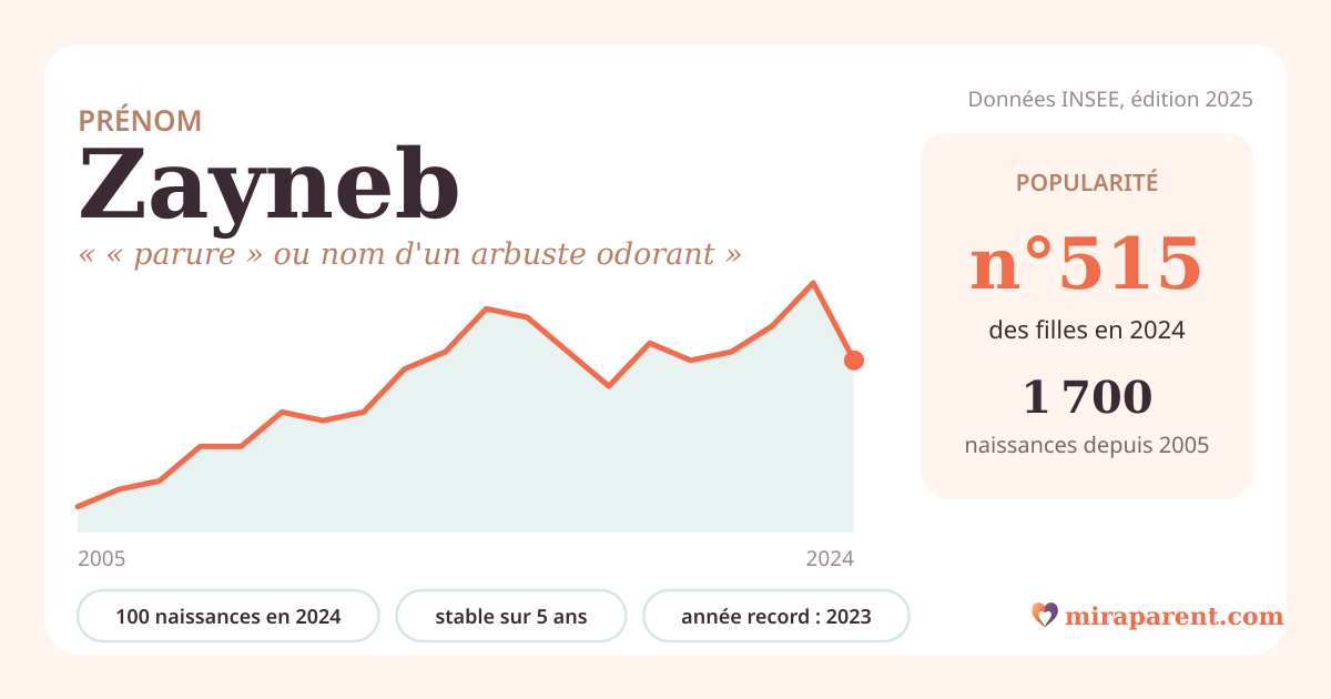Courbe du prénom Zayneb : naissances par an de 2005 à 2024 selon l'INSEE, signification « « parure » ou nom d'un arbuste odorant », 100 naissances en 2024, rang 507